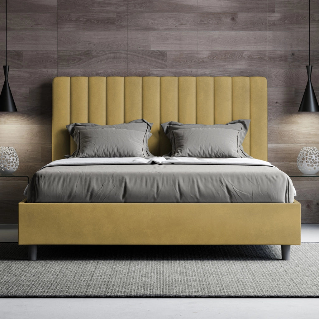 BS COM Letto una piazza e mezza con rete imbottito 130x210 microfibra ocra