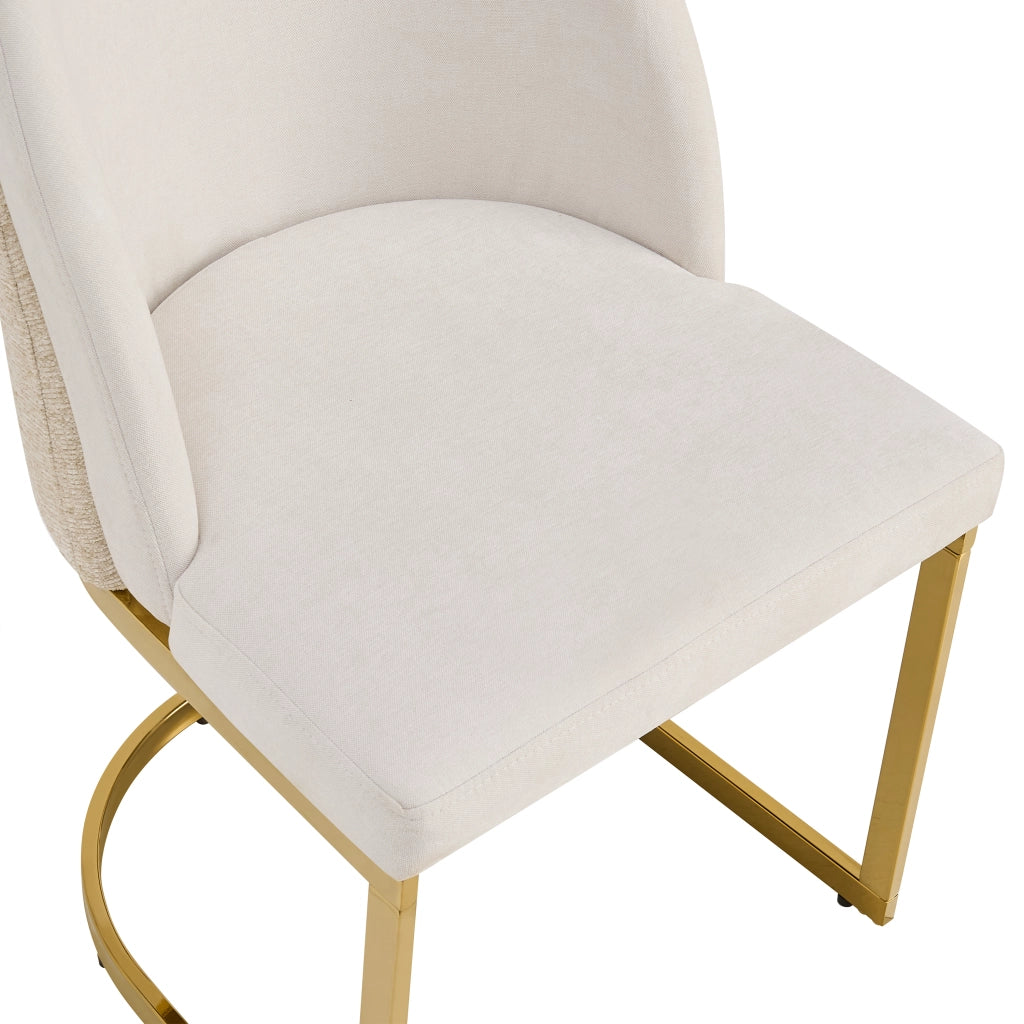2 sedie da pranzo in Chenille beige e oro, schienale doppio, gambe in metallo galvanizzato, design moderno
