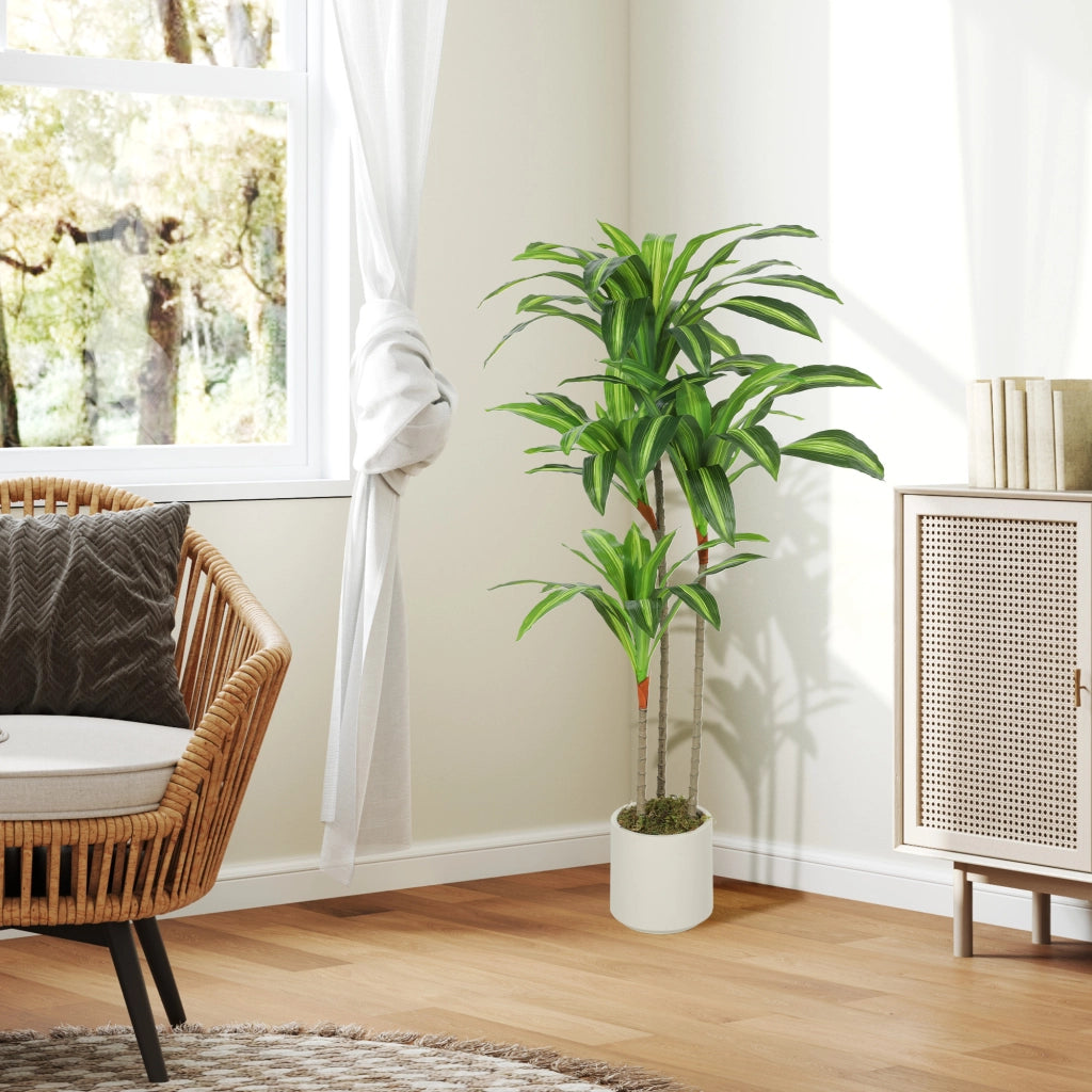 Pianta Artificiale di Dracena Alta 120 cm in PEVA  Verde e Legno con Vaso Contenitore in PP e Cemento Bianco