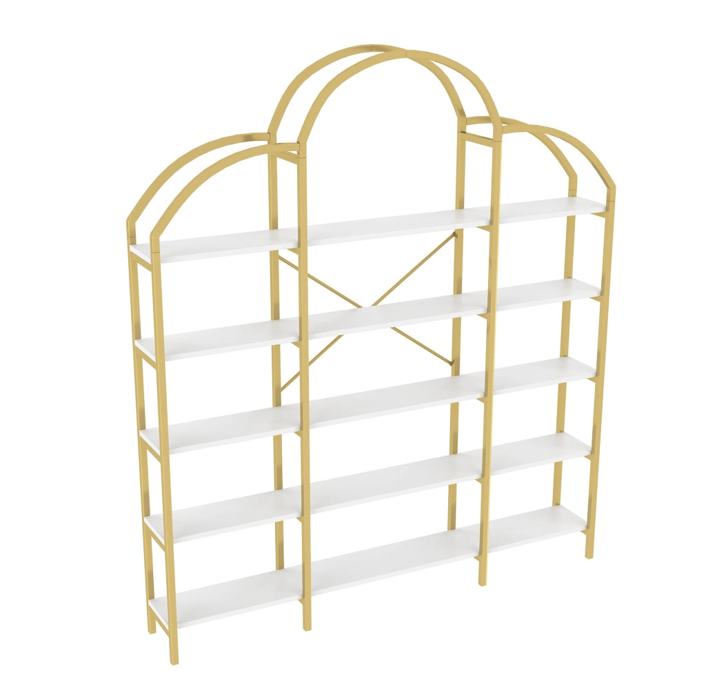 Libreria 170x26x190 cm a 5 ripiani con decorazione a nuvola in metallo e MDF bianco e oro