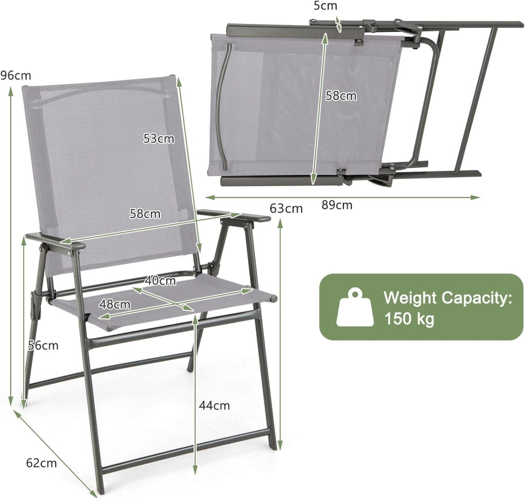 Set di 2 sedie da giardino portatili con schienale alto, sedia da esterno pieghevole con serratura di sicurezza, carico di 150 kg, per terrazza, balcone, spiaggia, feste (grigio, set di 2)