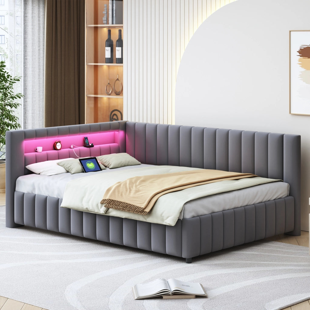 OKWISH Letto a Divano 140×200 cm, Letto Matrimoniale con LED Regolabile, USB e Schienale e Testiera, senza Materasso, Grigio