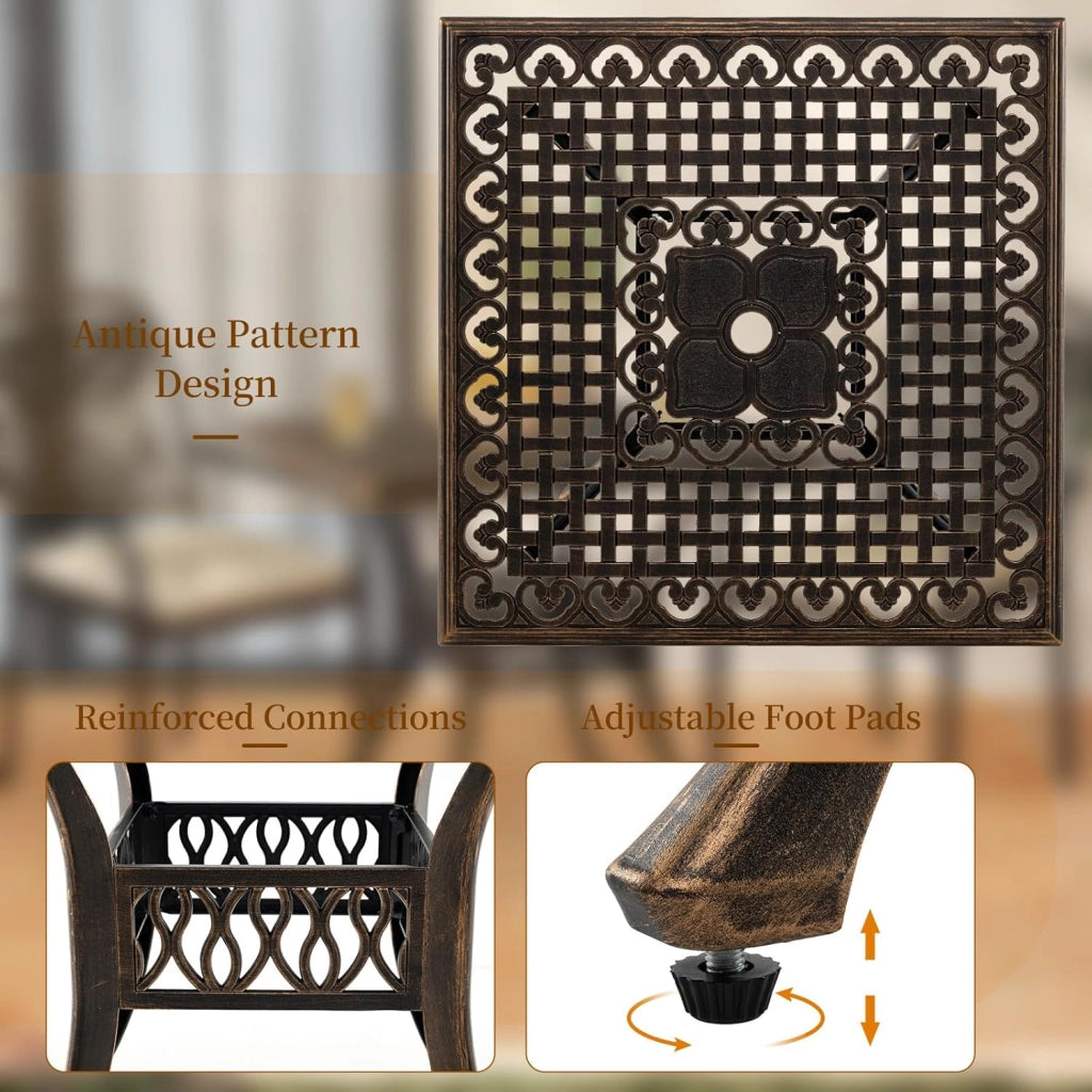 Tavolo da giardino quadrato con foro di 4,8 cm, tavolo da balcone con piedini regolabili, tavolo da bistrot in alluminio pressofuso, tavolo da pranzo per balcone, terrazza, giardino, 80 x 80