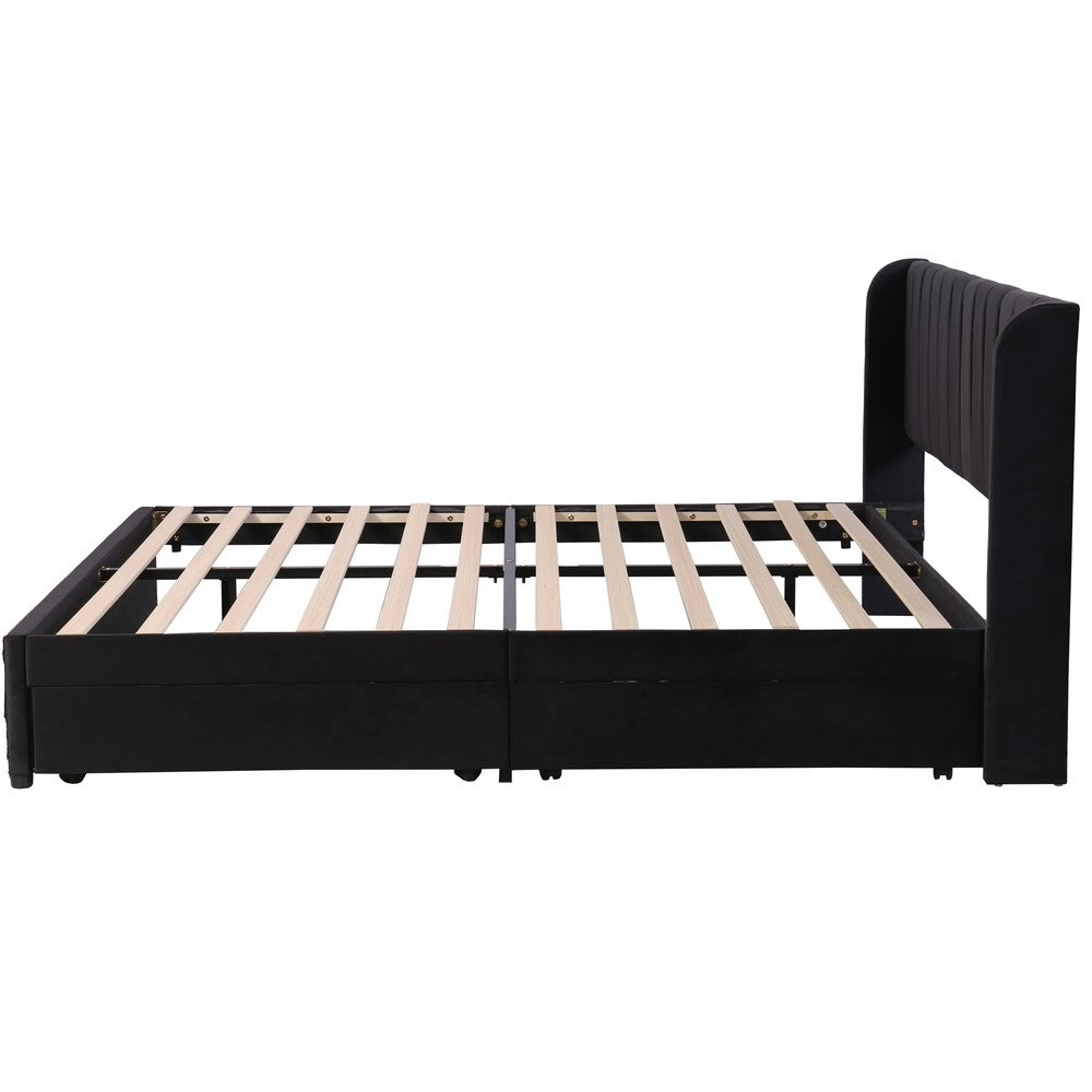 Letto Imbottito in Velluto con Cassetti e Rete ¨C MINIMAL ¨C Nero 180x200