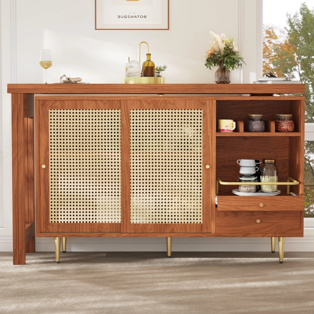 Mobile Bar con Anta in Rattan; Cassetto e Ripiani Aperti; Piano Girevole ed Estensibile; in MDF; 107 x 40 x 71;4 cm