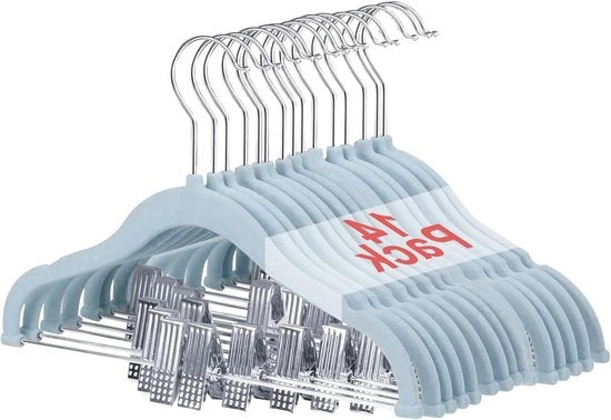 Hangers per bambino da 30 cm con clip e gancio rotativo 360°, hangers in microfibra antiscivolo per camicie, pantaloni, gonne, abiti da donna, giacche, cappotti - 14 pezzi blu