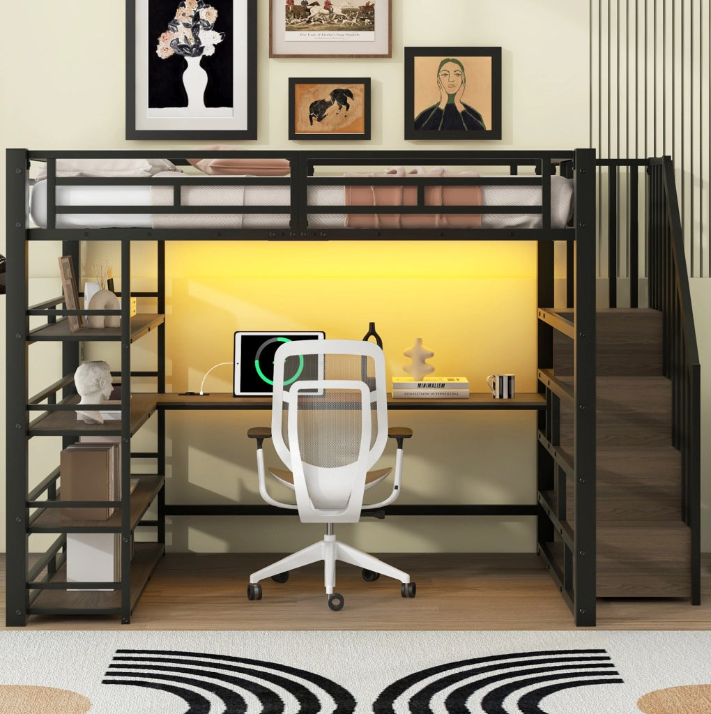 Letto a soppalco in metallo 140x200 con scrivania, scale contenitive e LED