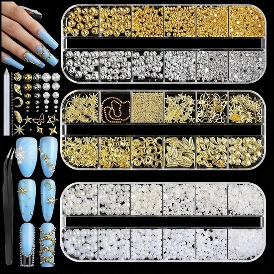 Set di Decorazioni per Arti del Nastro con oltre 4000 perle, studi metallici e pietre di strass, inclusi penna e pinzetta per manicure e tecnica di unghie DIY professionale