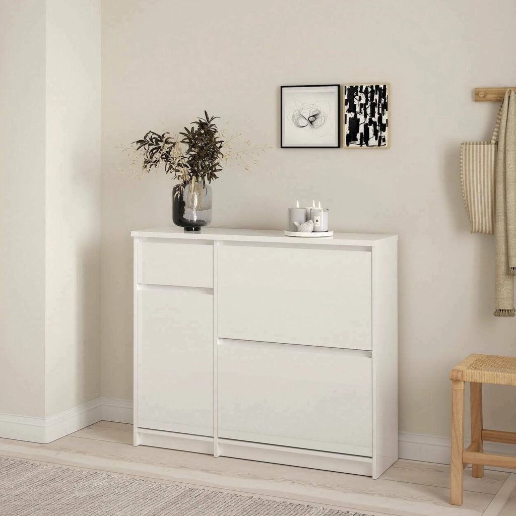 Scarpiera Todd, Mobile portascarpe, Armadio da ingresso multiuso, Mobiletto per calzature, 109x32 h93 cm, Bianco lucido