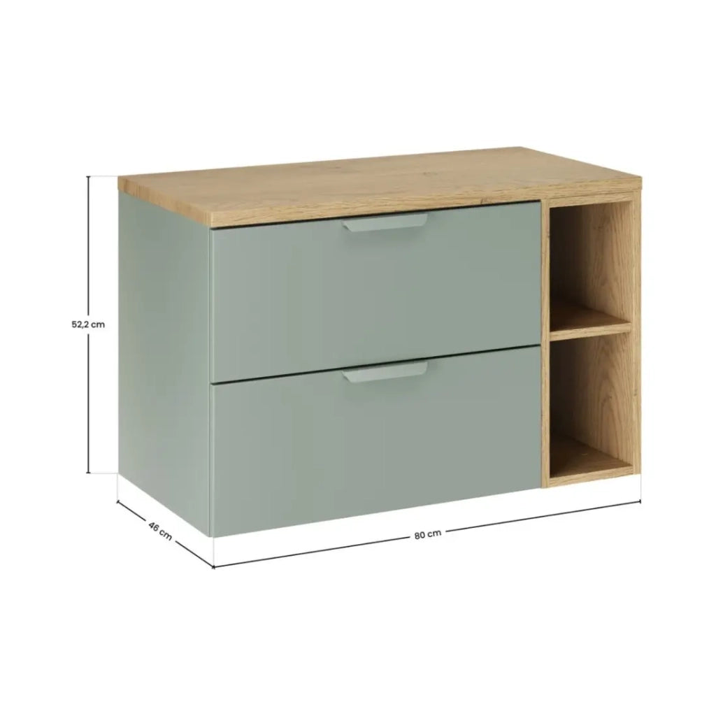 Set da bagno sospeso OSTER 80cm: mobile sottolavabo con cassetti in verde salvia e nicchie a vista + piano per lavabo