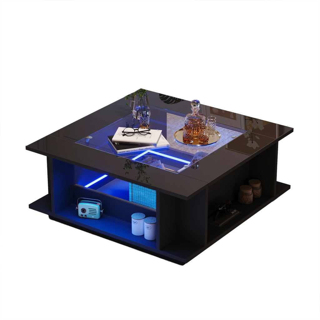 Tavolino da salotto quadrato con vani aperti e spazio laterale; piano in vetro; LED; nero 70 × 70 × 30 cm