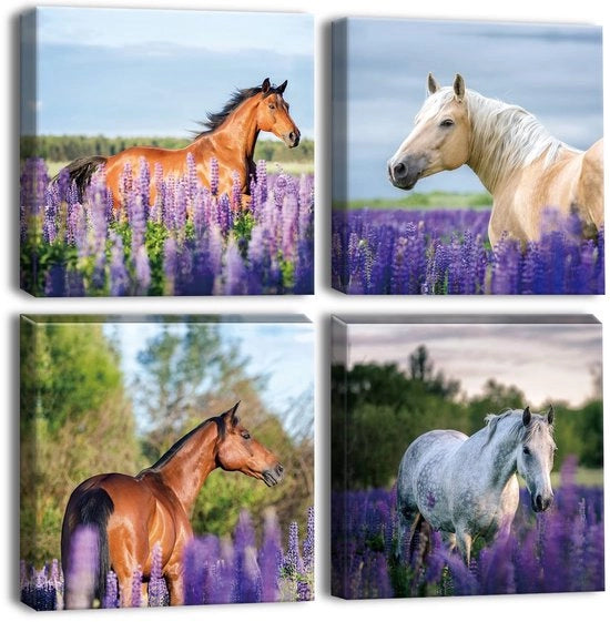 Set di 4 pannelli per parete quadrata - Lavanda blu e astrazione cavallina
