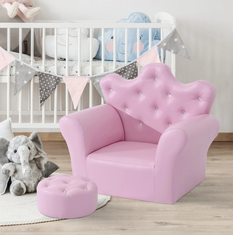 Poltroncina per bambini ULEVR rosa con pouf, braccioli e seduta imbottita in similpelle