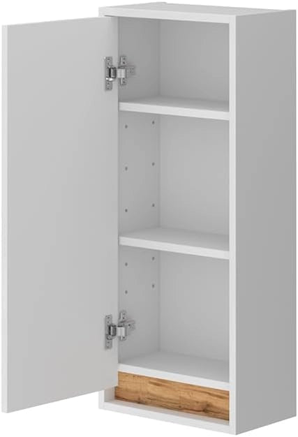 Mobile bagno Detmold, Bianco lucido/oro power oak, 81.6 x 35 cm con porta, adatto per montaggio a parete e combinabile con la serie Detmold