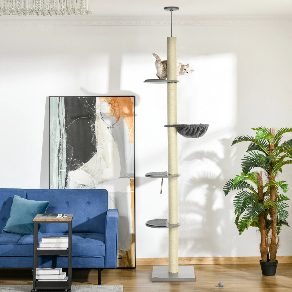 Albero tiragraffi con amaca per gatti ¨C zephmum ¨C grigio + crema 40x40x250 cm