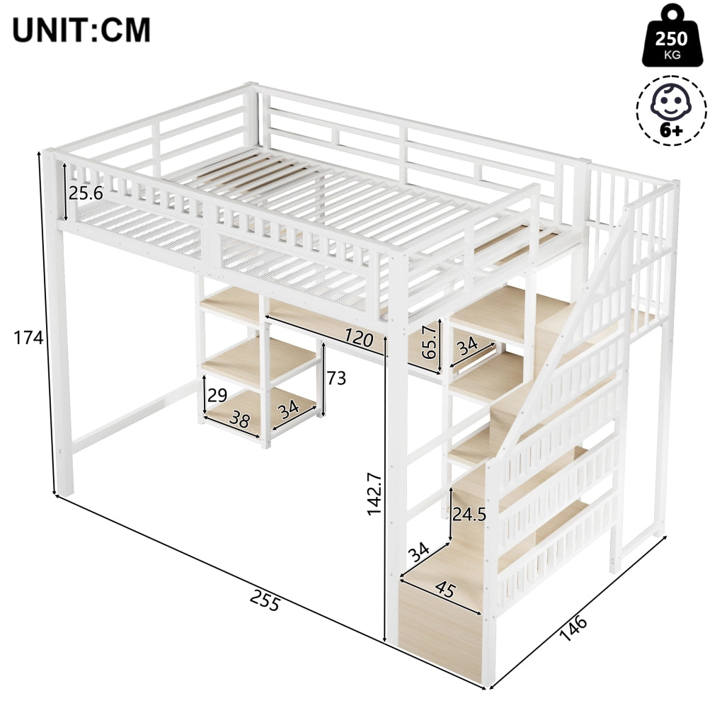 Letto a soppalco 140x200 cm con scrivania, LED e porte USB