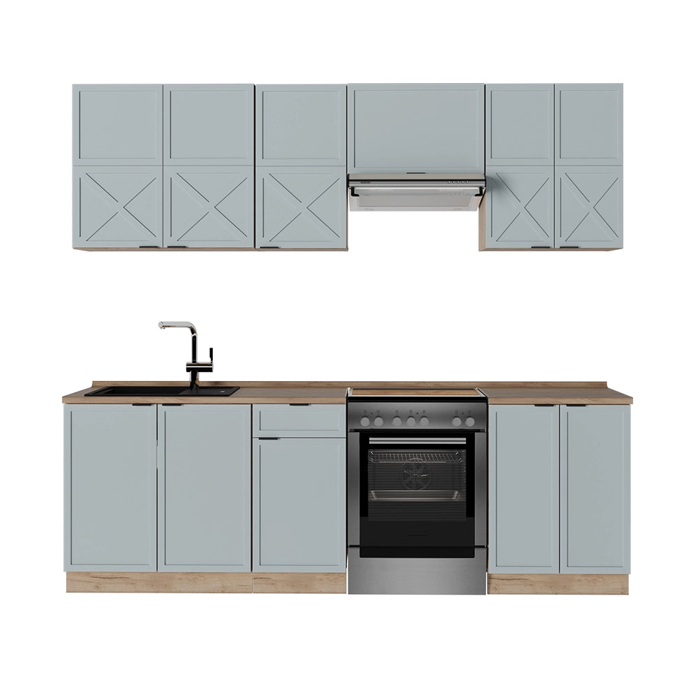 Cucina componibile Fame-Line Blu-grigio chiaro/Rovere dorato 240 cm, PL Rovere Vicco
