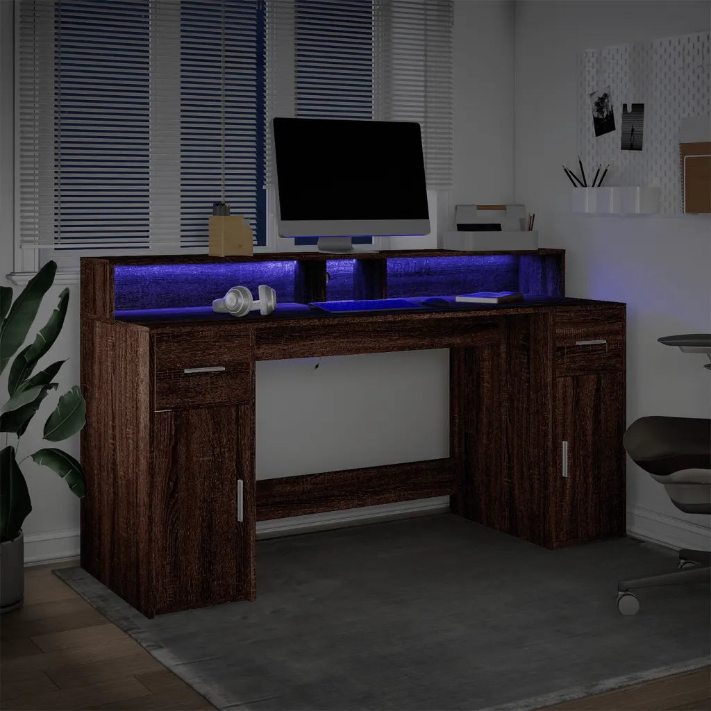 Scrivania con Luci LED Marrone Rovere 160x55x91 cm Multistrato 3309435