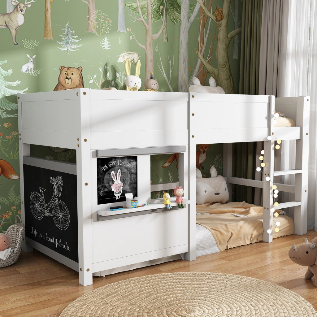 Letto Casetta 90x200 cm; Letto Singolo - Lavagna; Mensola - in Legno Massello Bianco