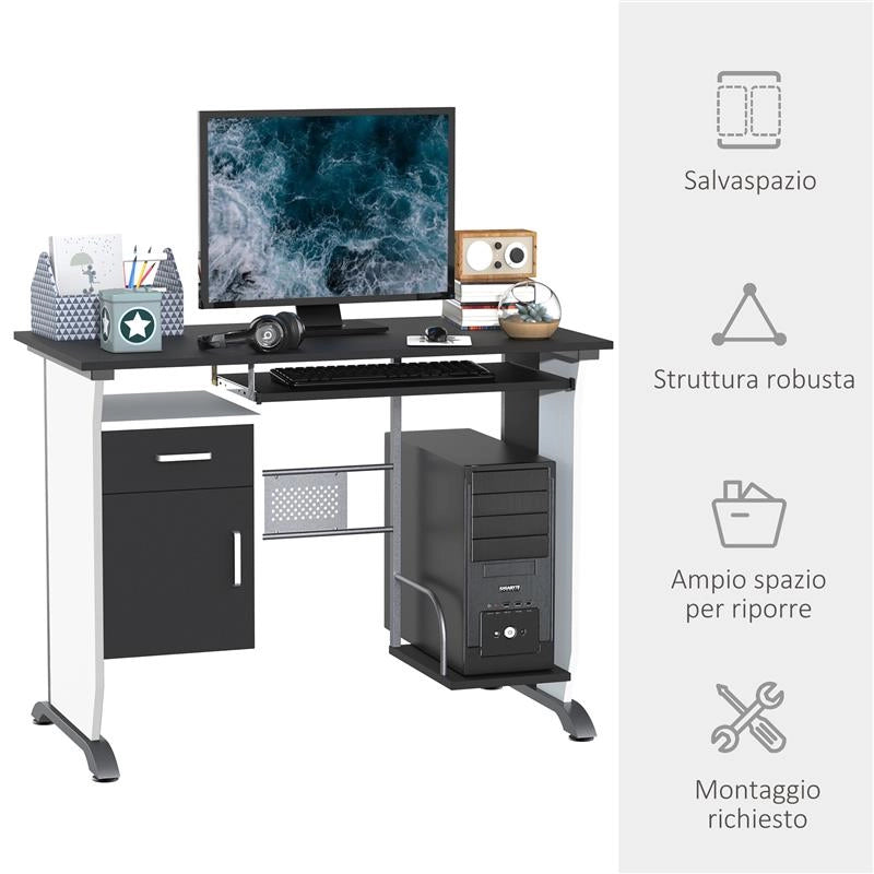 SCRIVANIA PER COMPUTER CON RIPIANO, CASSETTO E ARMADIETTO, IN MDF E FERRO, 100X52X75 CM, BIANCA E NERA