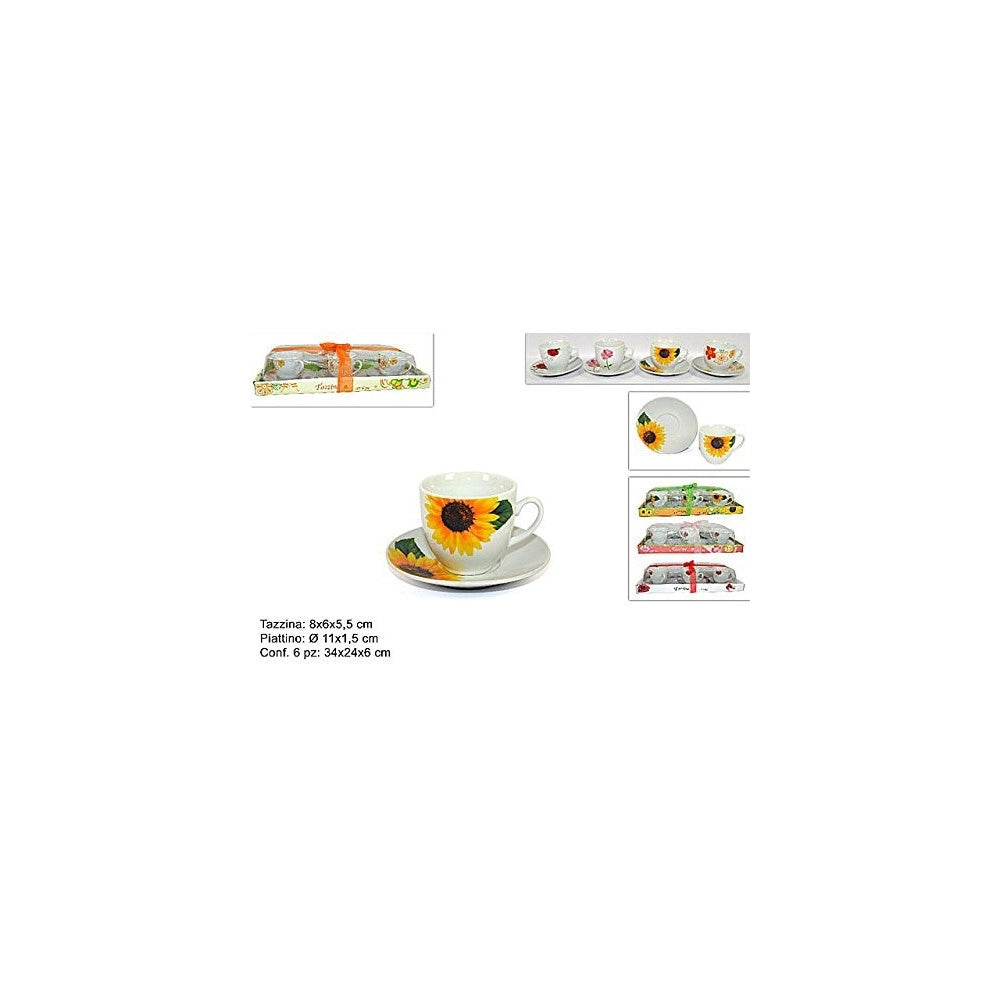Trade Shop - Set 6 Tazzine Da Caffè Te Con Piattini Decorazione Floreale Arredo Cucina Casa -