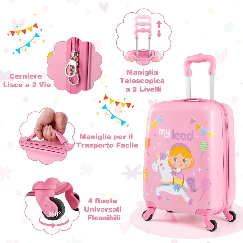 Set di 2 Valigia per Bambini, 17" Valigia+ 13" Zaino, con Ruote Girevoli a 360°, Maniglia Retrattile e Spallacci Regolabili, Ideale per Viaggiare in Modo Comodo e Divertente (Modello 3)