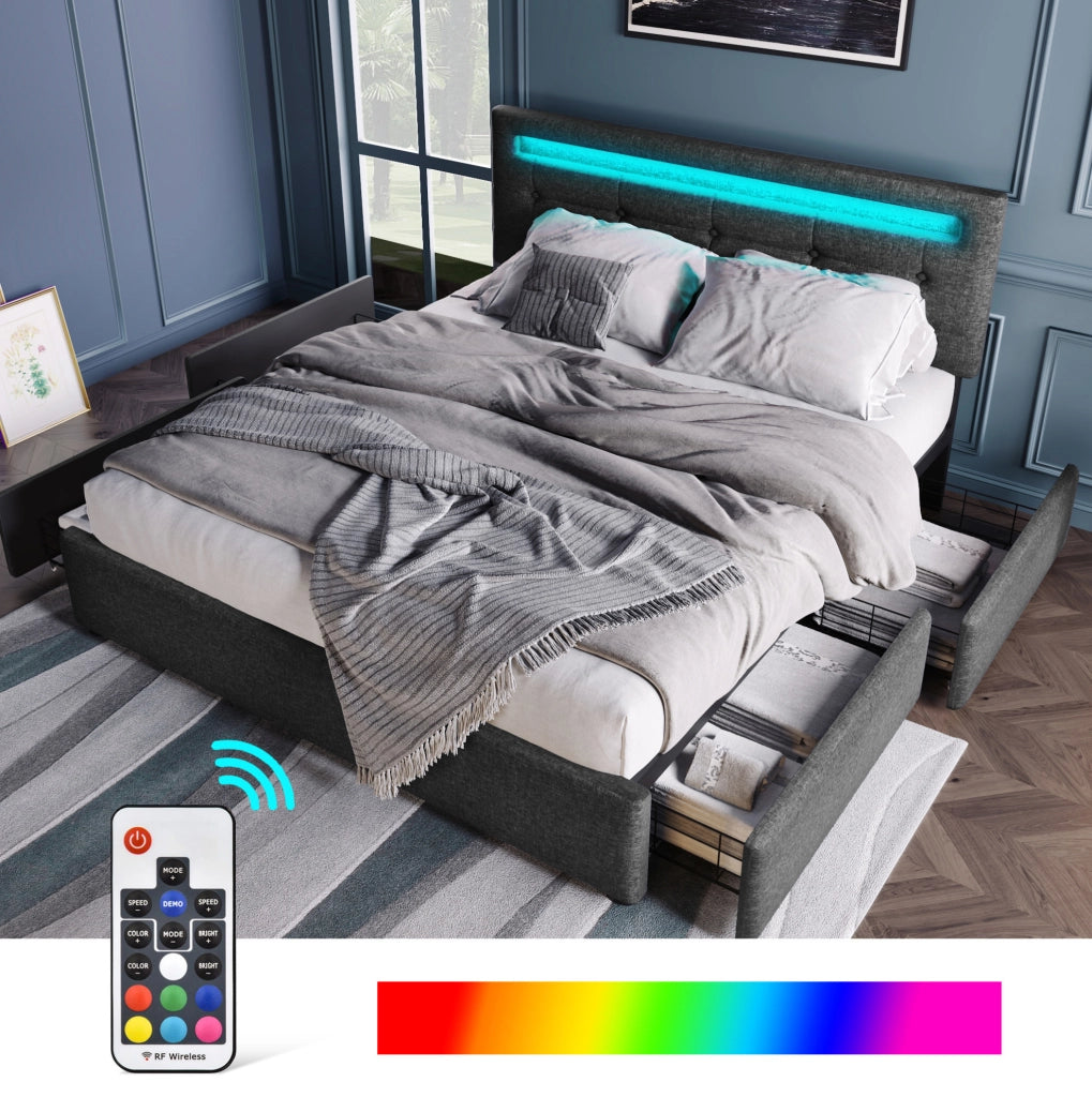 Letto imbottito ULEVR 140x200 cm con LED, testiera regolabile e 4 cassetti, lino grigio