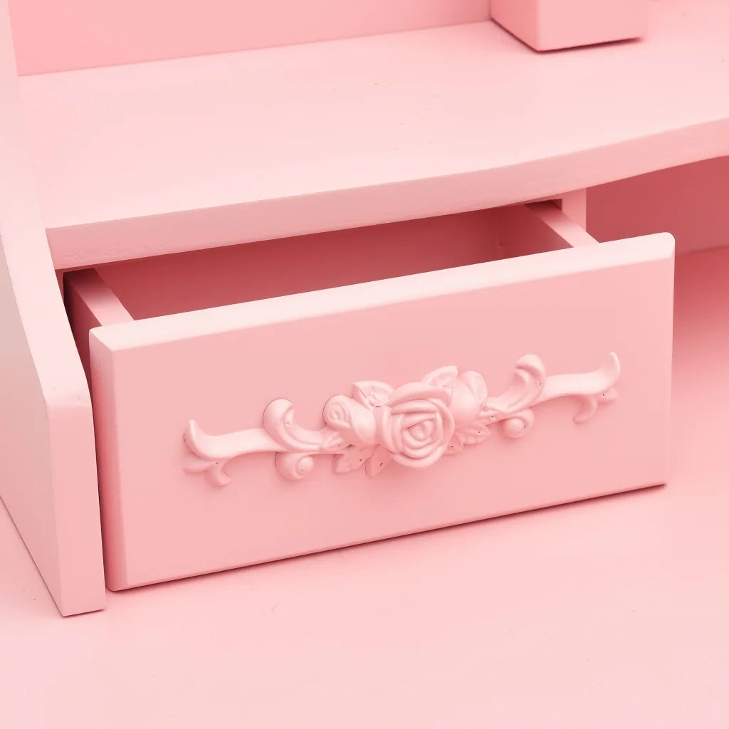Tavolo da Trucco con Sgabello e Specchio Pieghevole in 3 Rosa-Tavolo da Vanit¨¤
