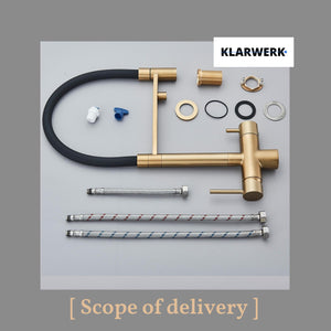 Lana | Rubinetto allungabile nero oro a 3 vie |Miscelatore cucina per acqua potabile in acciaio inossidabile - Girevole a 360° | Filtra 3 connessioni