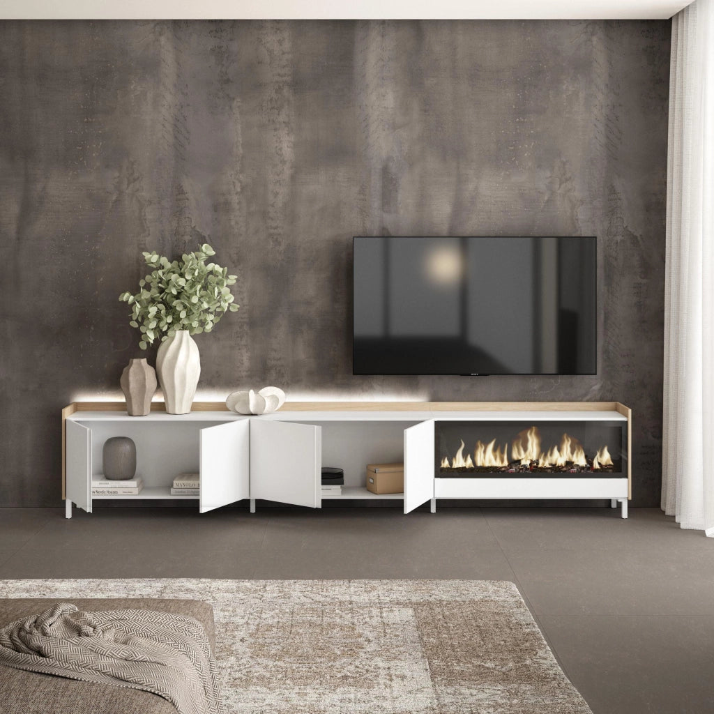 Mobile TV Soggiorno, 315x61x35 cm, Per TV fino a 80", Camino elettrico XXL, Design industriale, LED, Bianco e Rovere soft
