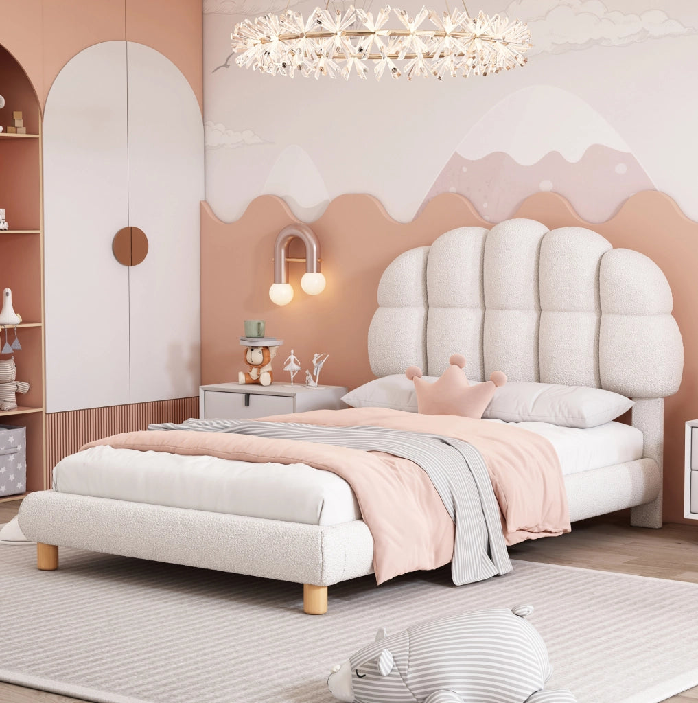 Letto imbottito 90x200 cm; testiera semicircolare; boucl茅; bianco