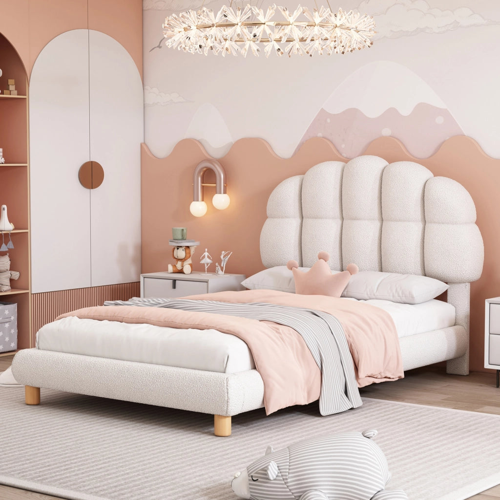 Letto imbottito 90x200 cm; testiera semicircolare; bouclé; bianco