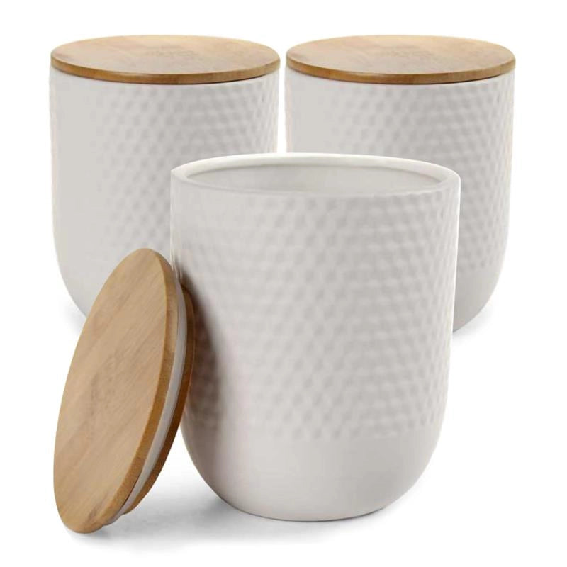 SET 3 BARATTOLI TONDI IN CERAMICA CON RILIEVO BIANCO, TAPPO IN LEGNO 13X13X17CM
