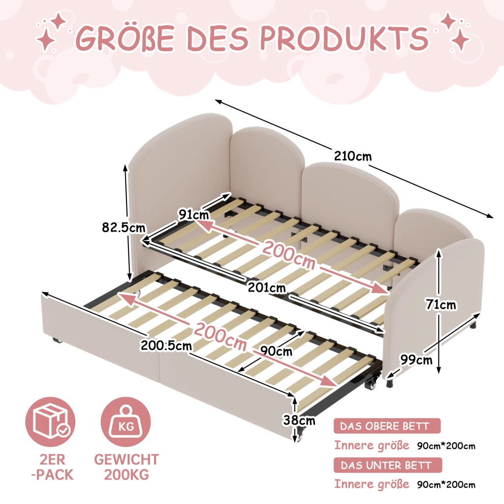 Letto per bambini a forma di fiore 90x200 cm in velluto rosa con cassetto