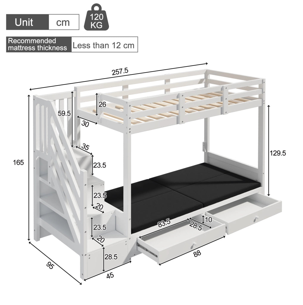 Letto a soppalco per bambini con divano regolabile; scaletta contenitore e 2 cassetti; 90x200 cm; bianco