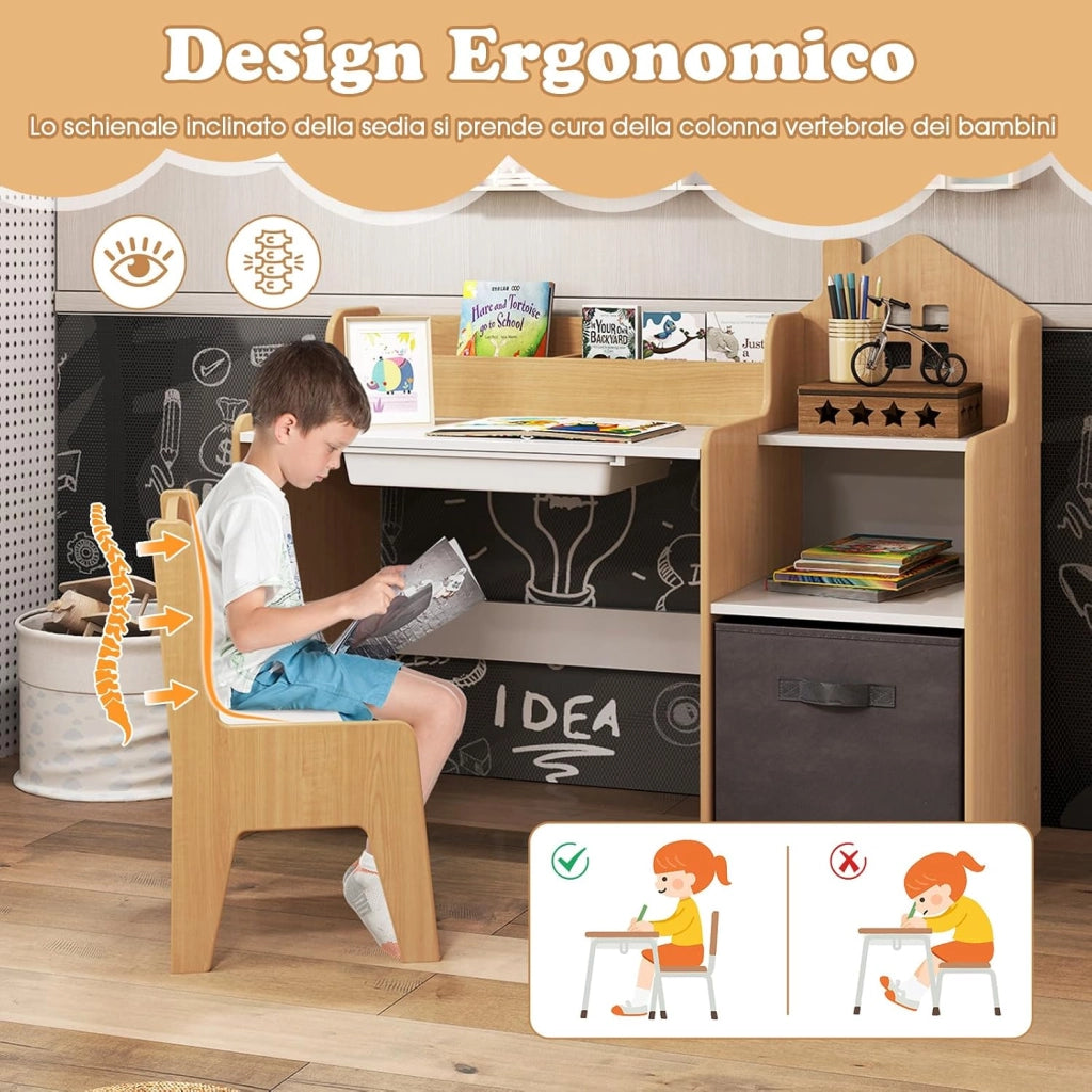 Set Scrivania e Sedia per Bambini 3-12 Anni, Tavolo e Sedia in Legno Salvaspazio con Cassetto in Plastica e Cassetto in Tessuto, Banco Scuola e Seggiola per Cameretta (Naturale)