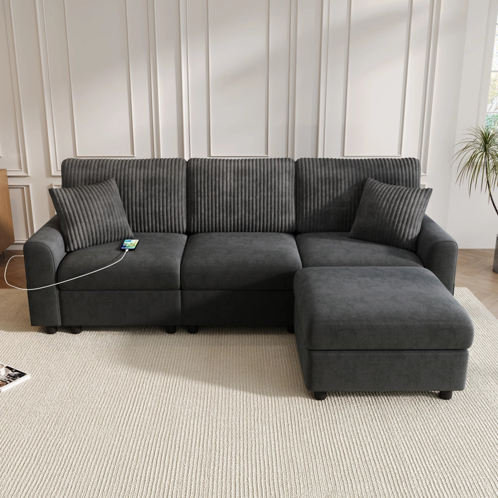 Divano Convertibile con 1 Porta USB, 1 Porta Type-C, Pouf, 2 Cuscini, in Chenille e Velluto a Coste, Grigio