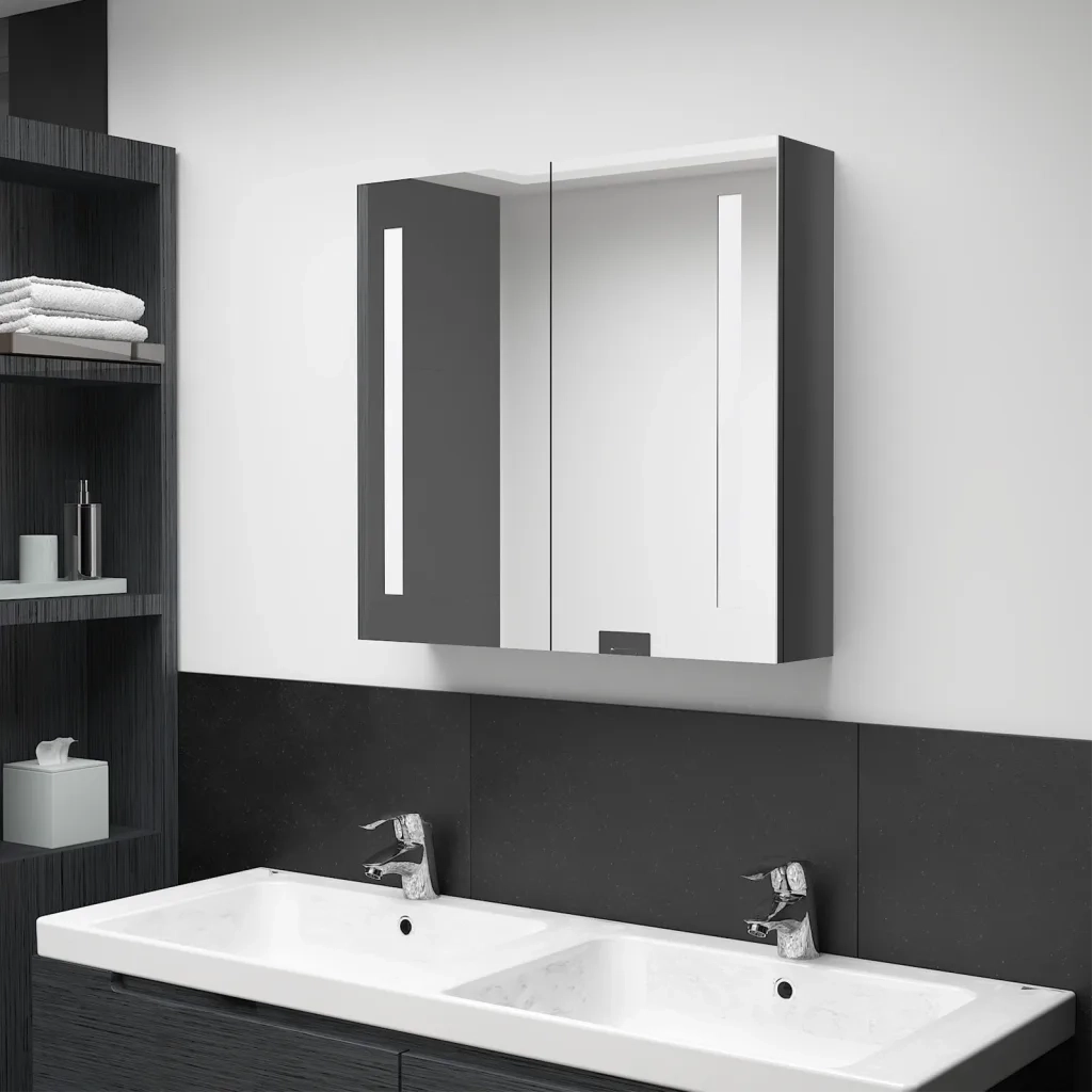 Armadietto Bagno con Specchio e LED Grigio Lucido 62x14x60 cm 326521