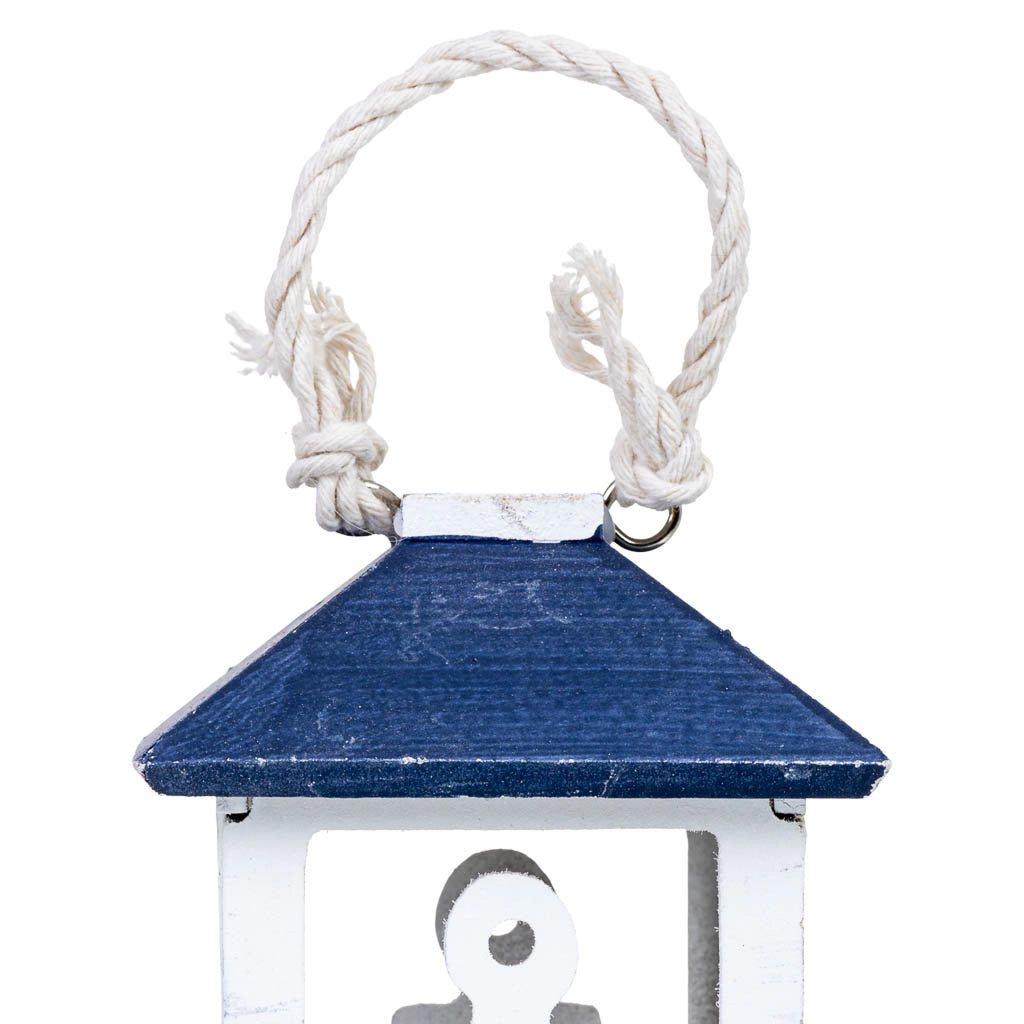 Portacandele da appendere in legno con ancora blu 10x10x23h cm