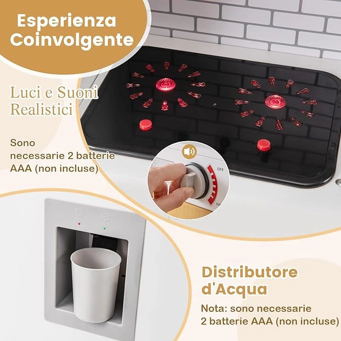 Cucina Giocattolo per Bambini, Cucina Legno per Bambini con Forno, Microonde, Lavatrice, Telefono, Lavello Rimovibile e Rubinetto Rotante, con Luci e Suoni, per Bambini di 3+ Anni (Bianco)