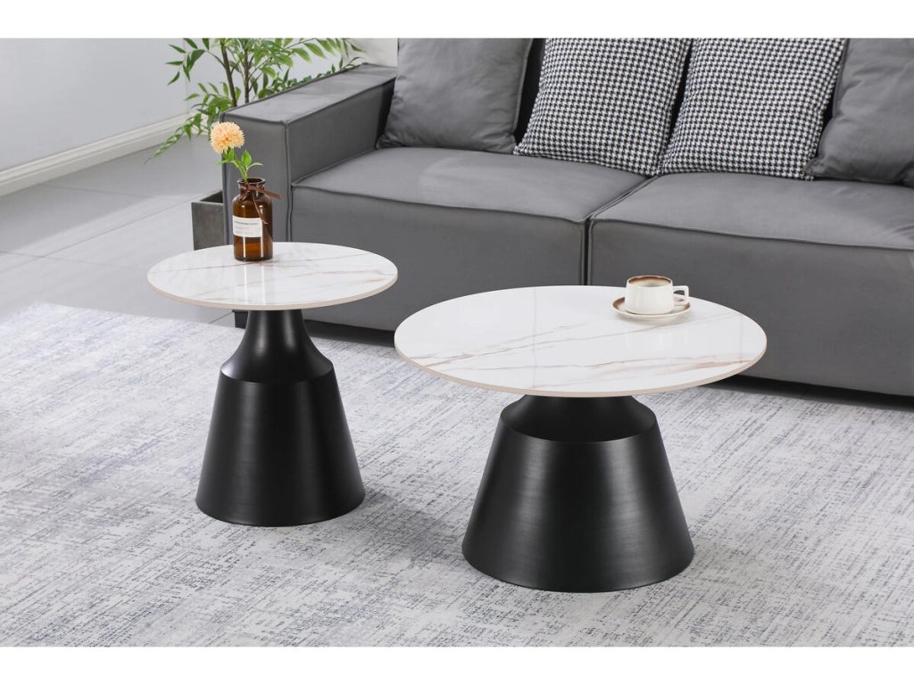 Set di 2 tavolini da caffè impilabili in ceramica "Vulca" - 70 x 70 x 43 cm - Bianco