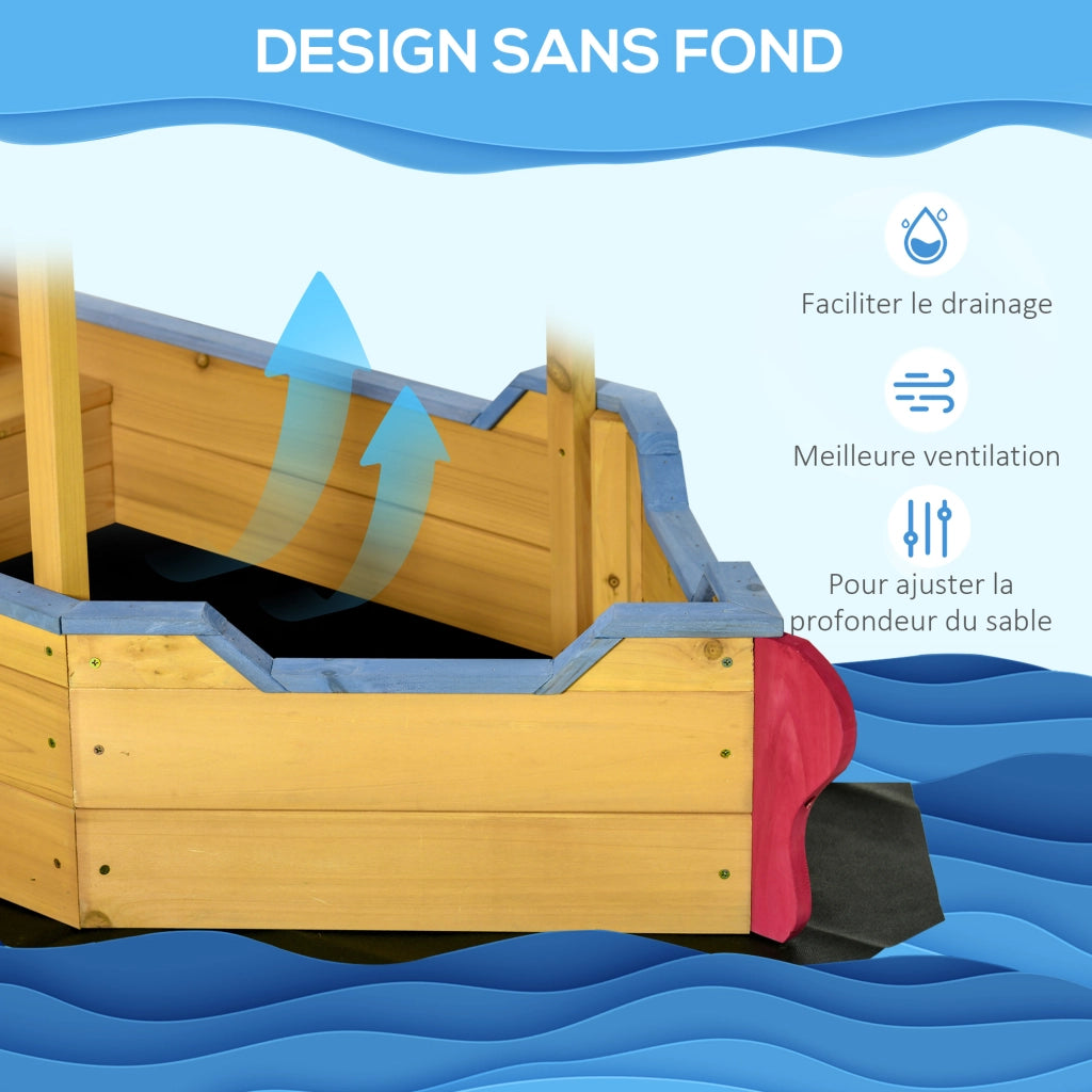 Casetta da giardino per bambini in legno a forma di barca pirata ¨C zephmum ¨C con vela ombreggiante, baule e timone