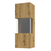 Piccola vetrina sospesa con 1 porta parzialmente vetrata, collezione EVA. Colore rovere e nero.