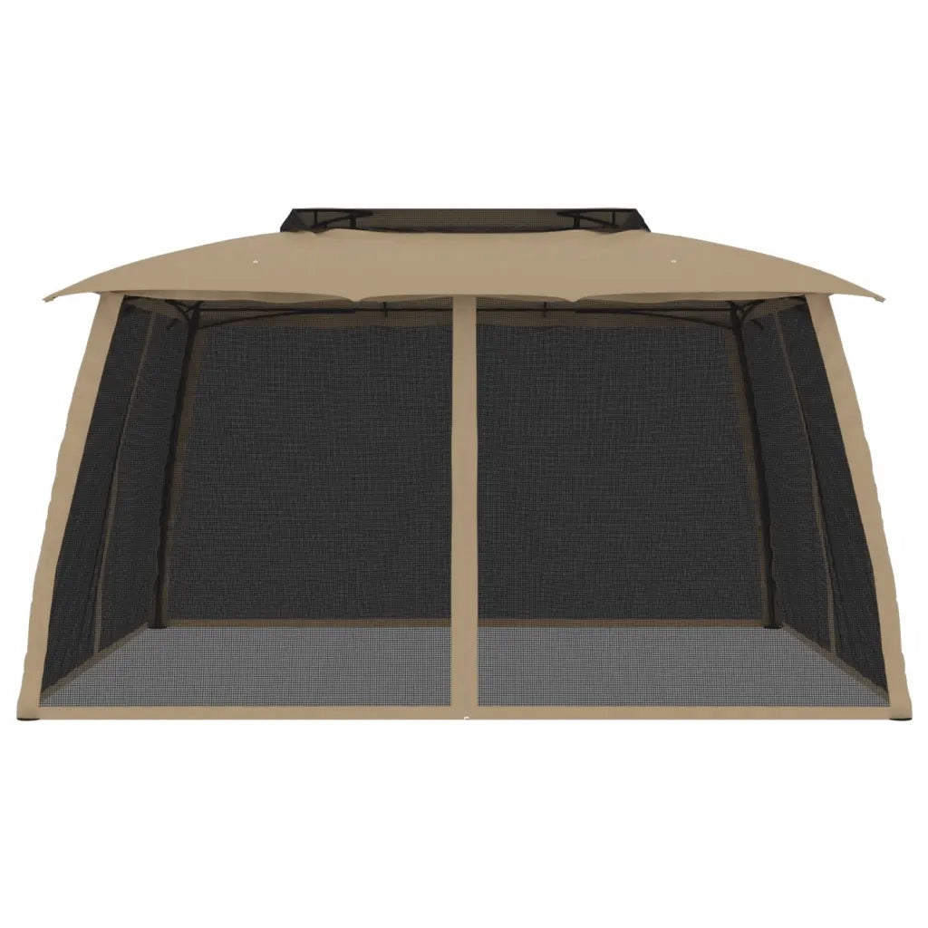 Gazebo con Tetto Doppio/Pareti Rete Tortora 3,93x2,93 m Acciaio