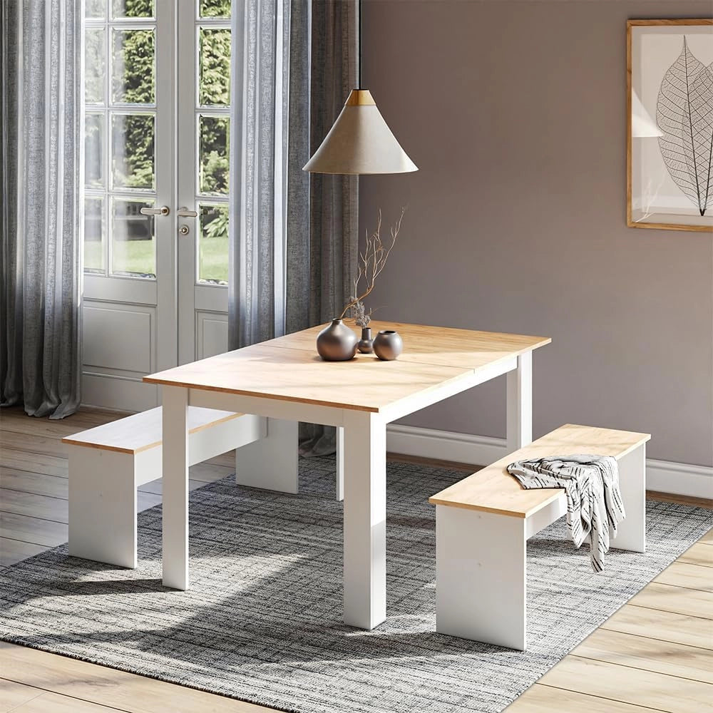 Set di panche ad angolo Sentio, Rovere bianco/dorato, 137.6 x 92.8 cm con 2 panche, per un utilizzo salvaspazio in sala da pranzo e cucina