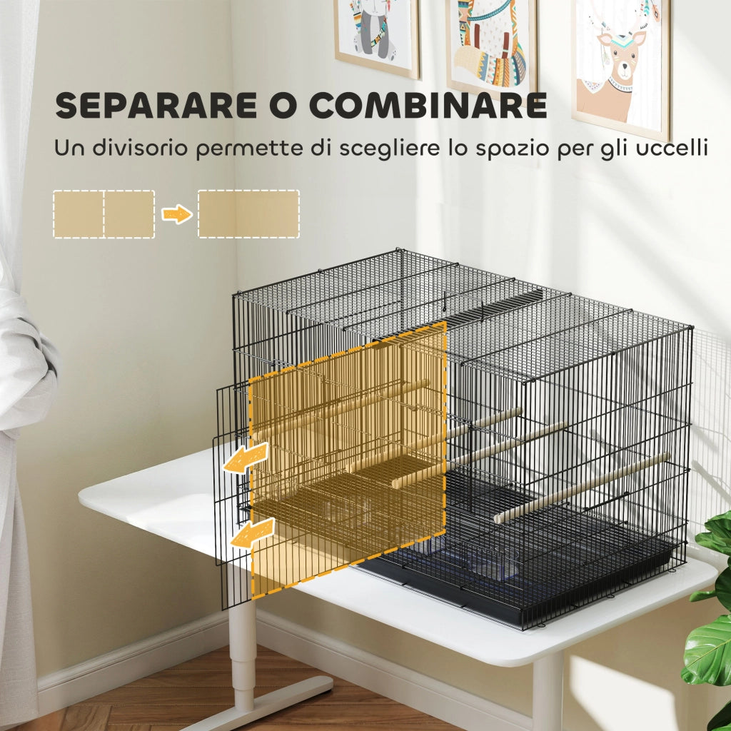 Gabbia per Uccelli con Divisorio e Ripiano ¨C zephmum ¨C Nero, Acciaio e PP, 94x57x57 cm