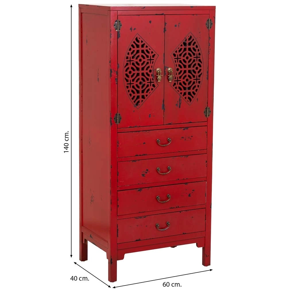Mobiletto in legno con 4 cassetti e 2 ante rosso 60x40x140h cm