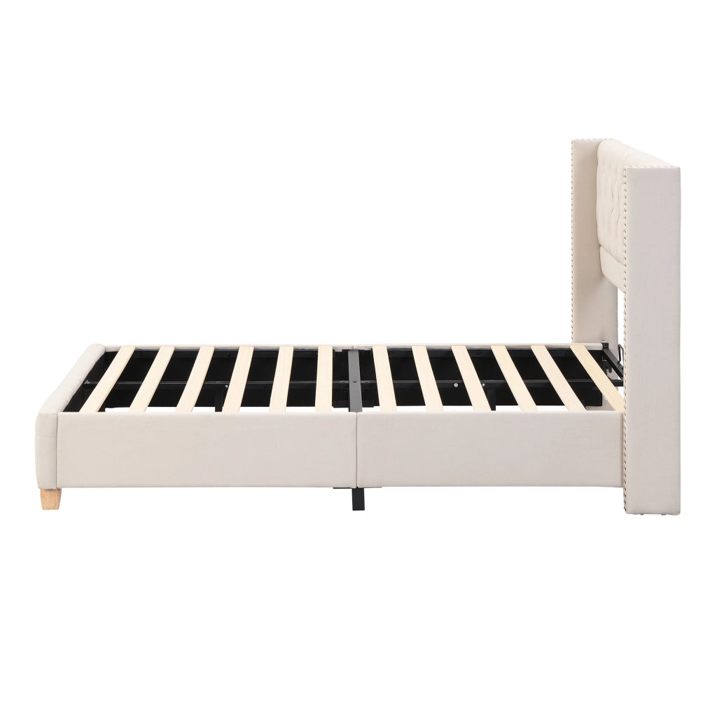 Letto Singolo 90 x 200 cm con Testiera Imbottita e Piedi in Legno; senza Materasso; Beige