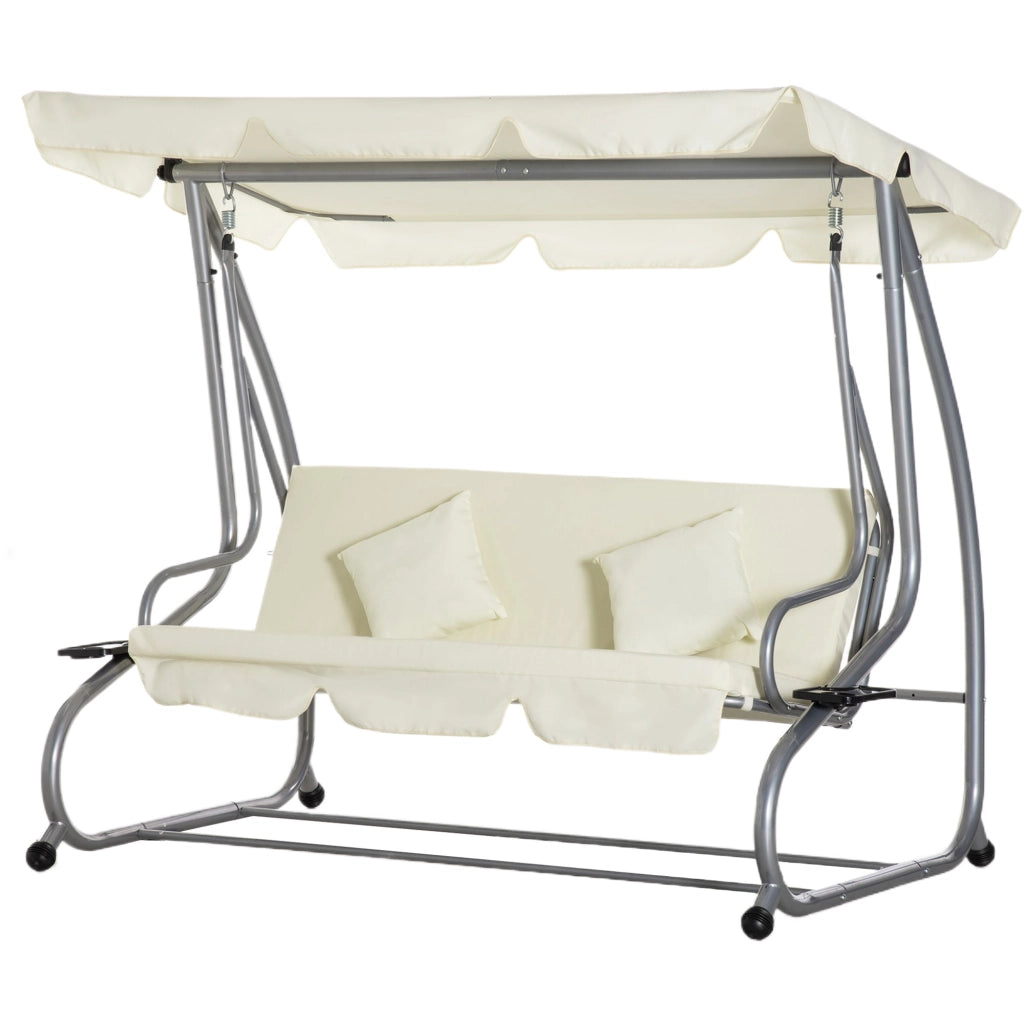 Dondolo Letto da Giardino 3 Posti 200x120x164 cm con Tetto Regolabile e 2 Portabicchieri Crema