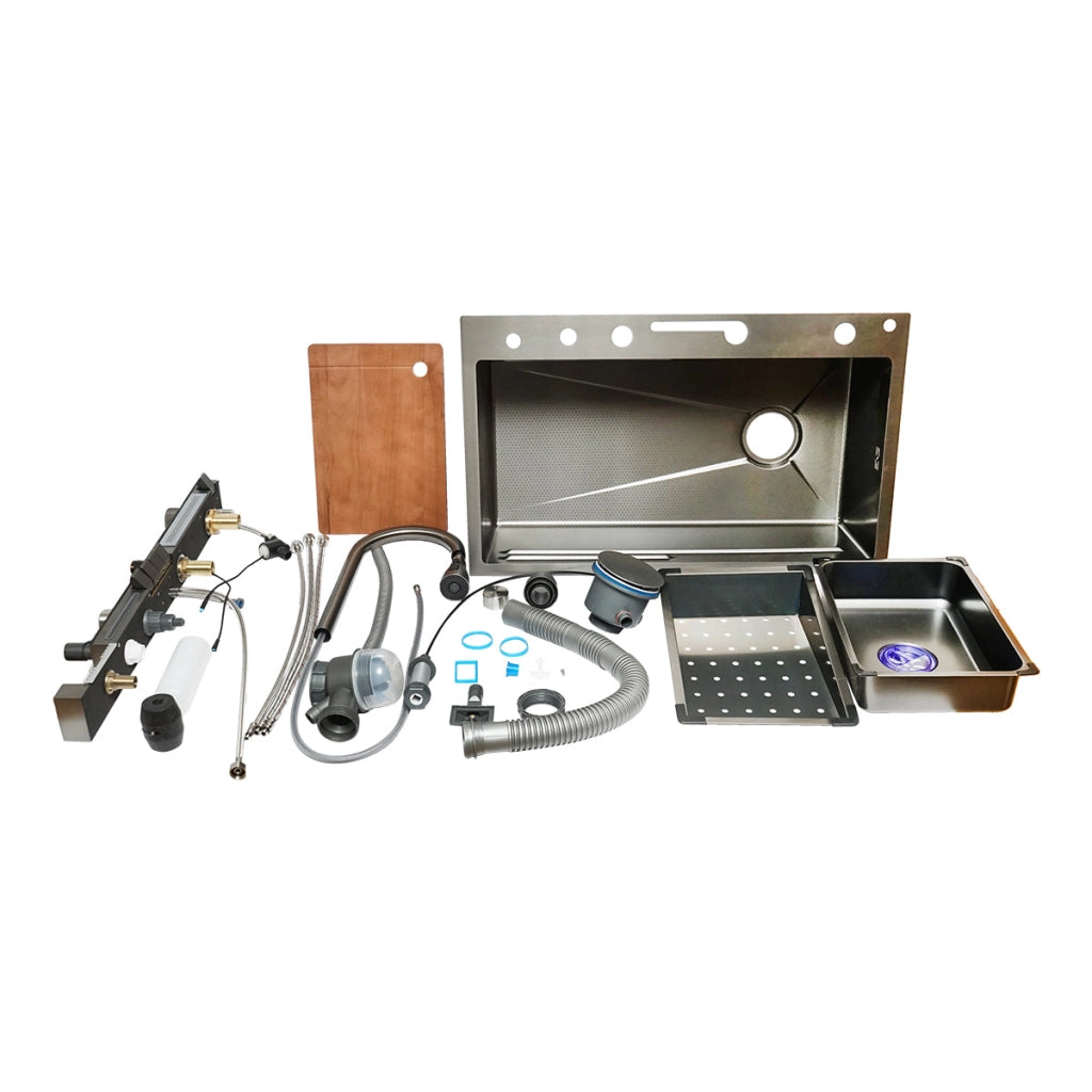 Lavello da cucina multifunzionale in acciaio inox con 2 rubinetti, display digitale della temperatura, funzione cascata, dispenser di sapone, lavapentole, scolapiatti, vassoio, tagliere e accessori di scarico inclusi, dimensioni 75×46×23,5 cm.